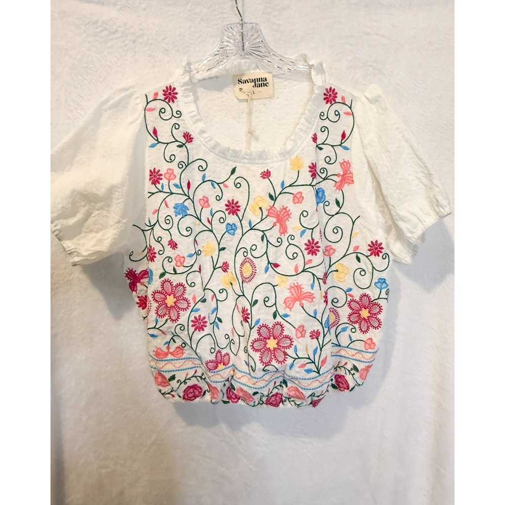 Savanna Jane Women Boho Top Large‎ White Embroidered Floral Blouse Crop NWT